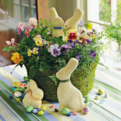 fesh spring look with bunnies and floral arrangement