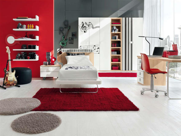 white and black are the best combinations, red pops out in this spacious and well lit room