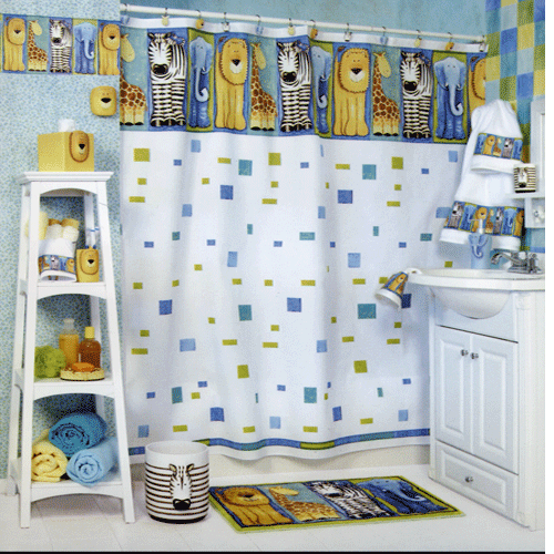 A simple way to change the whole look of kids bathroom is to add a new animal themed bathroom shower curtain