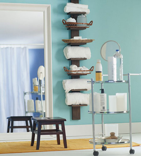 Think vertically when planning storage in a small bathroom.