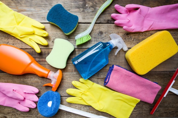 House cleaning product on wood table