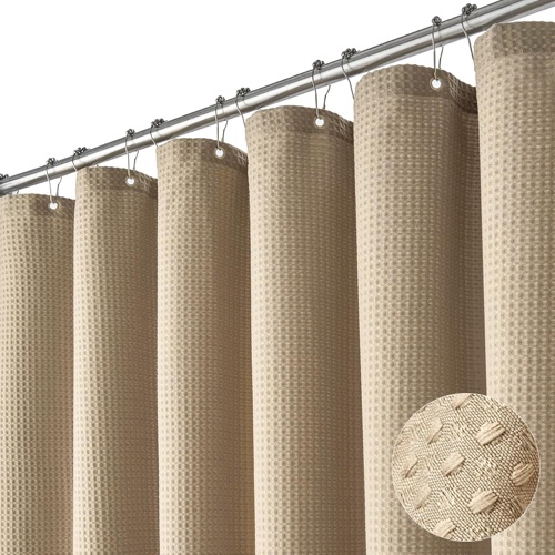 Waffle-Textured Fabric Shower Curtain (Beige)