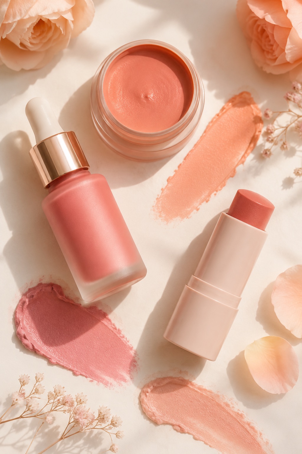 Flat lay of peachy and pink cream and liquid blushes