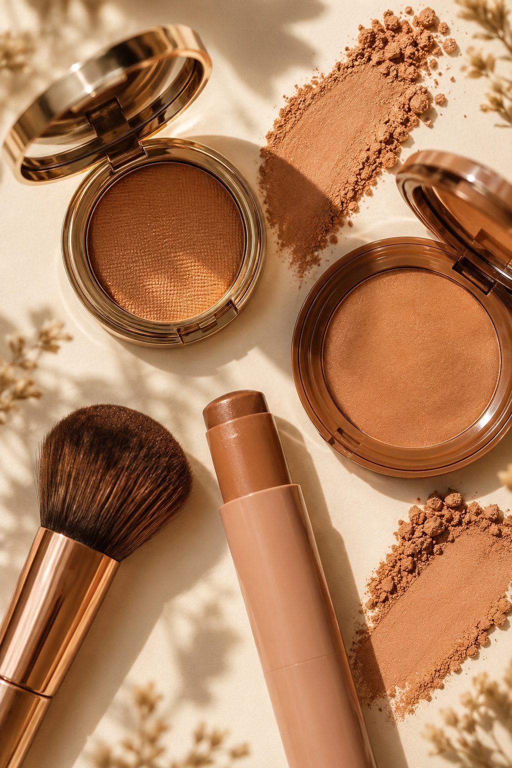 Flat lay of warm golden bronzer compacts and a makeup brush