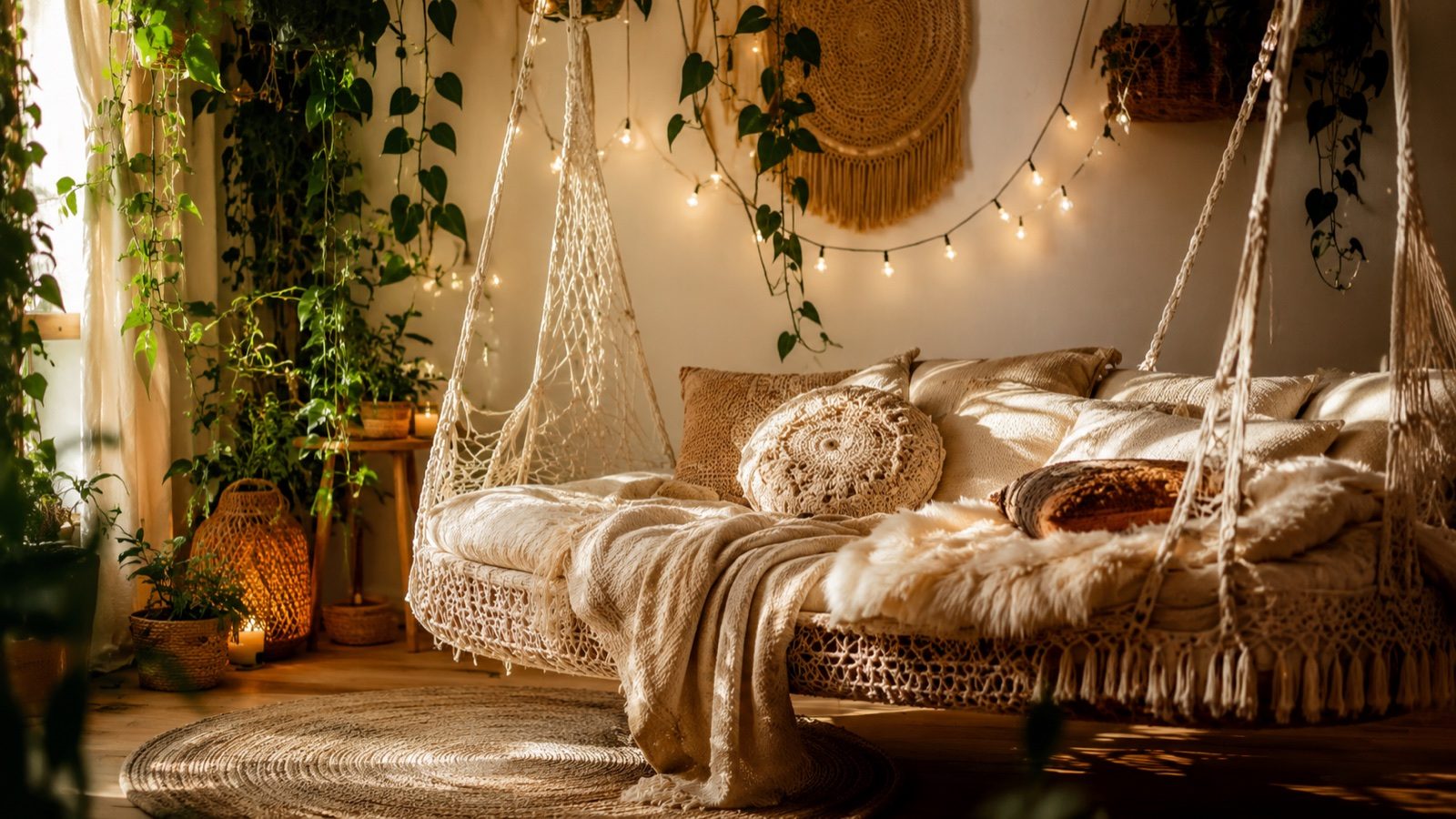 Cozy bohemian macrame hanging bed with warm string lights, layered throws and trailing plants