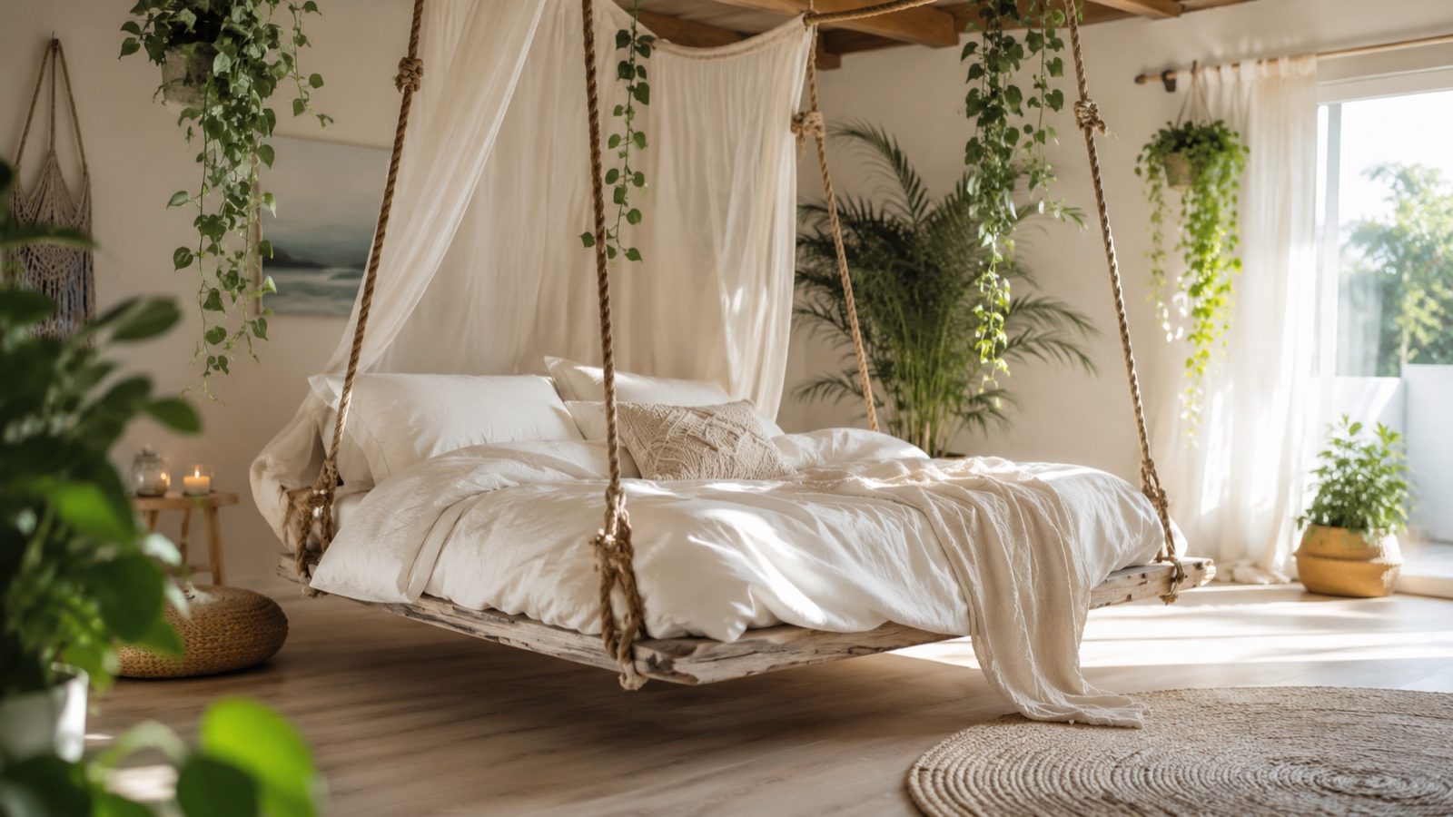 Dreamy bohemian hanging bed suspended by ropes with white bedding, a sheer canopy and trailing plants in a bright bedroom