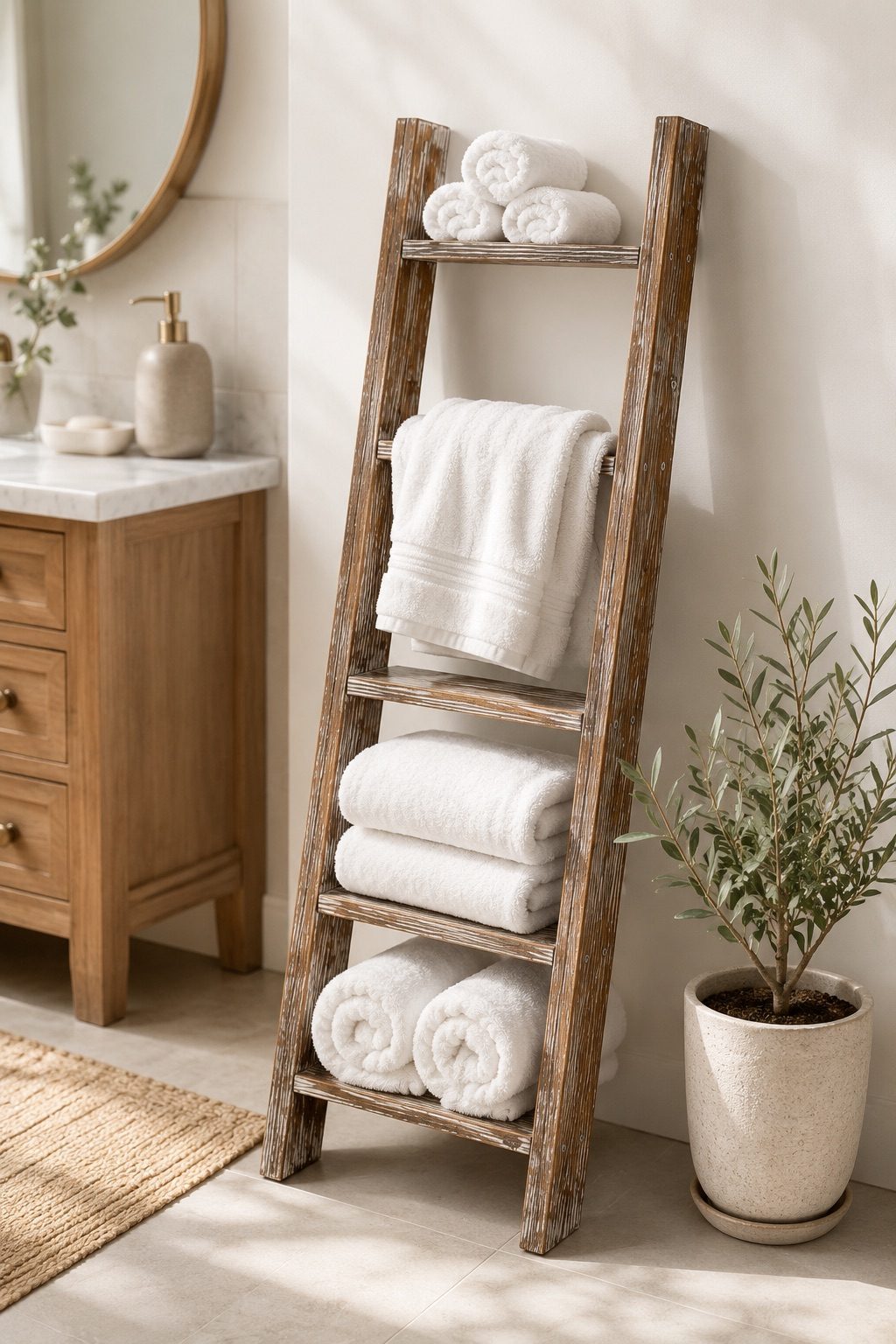 MyGift Wooden Leaning Towel Ladder