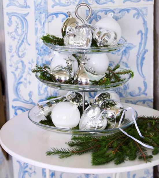 Display all your prettiest ornaments on a three- tier serving tray, add sprigs of evergreen and presto, instant holiday decor for a tabletop.